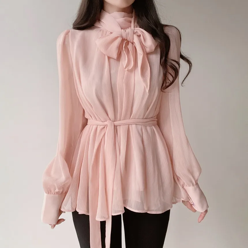 ストラップ付ハイネックスカーフネックシャーリングブラウス | mirangmirang | 詳細画像8