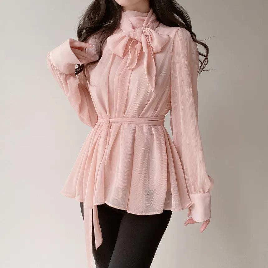 ストラップ付ハイネックスカーフネックシャーリングブラウス | mirangmirang | 詳細画像9