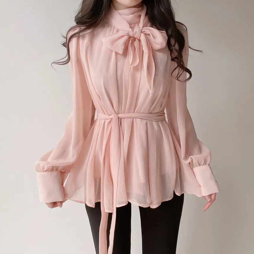 ストラップ付ハイネックスカーフネックシャーリングブラウス | mirangmirang | 詳細画像10