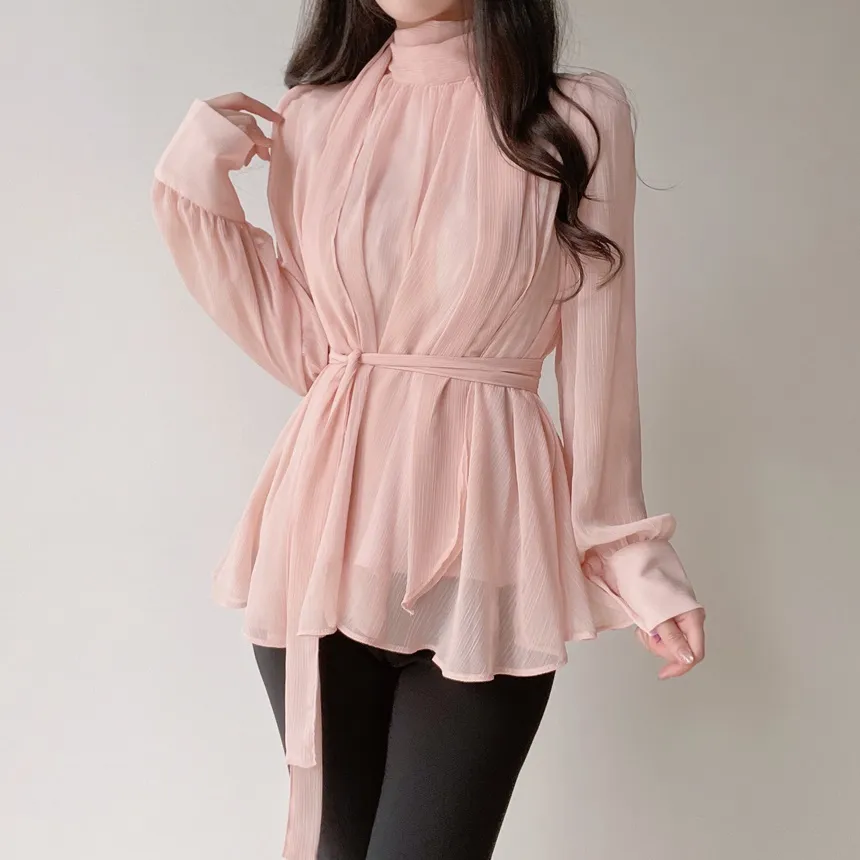 ストラップ付ハイネックスカーフネックシャーリングブラウス | mirangmirang | 詳細画像12