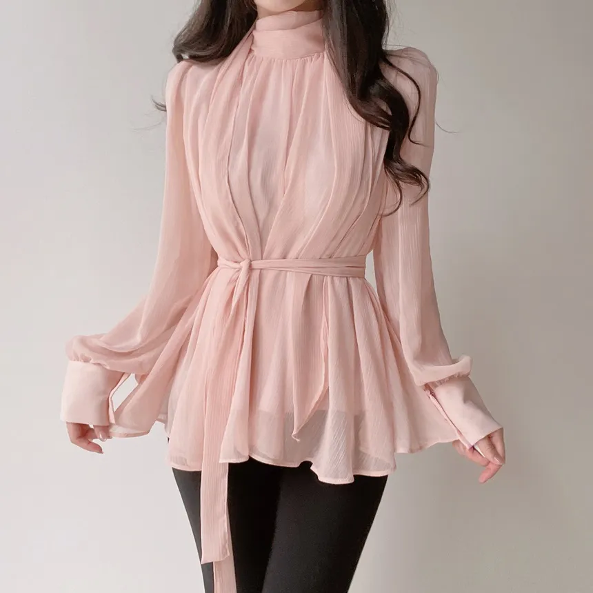 ストラップ付ハイネックスカーフネックシャーリングブラウス | mirangmirang | 詳細画像13