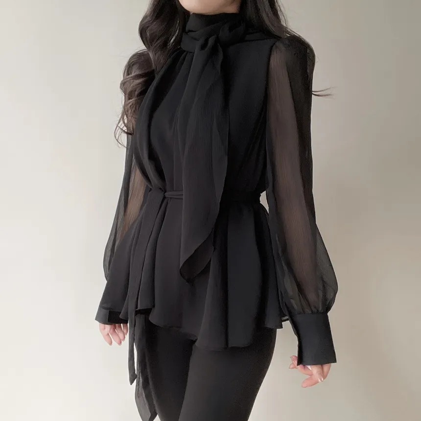 ストラップ付ハイネックスカーフネックシャーリングブラウス | mirangmirang | 詳細画像14