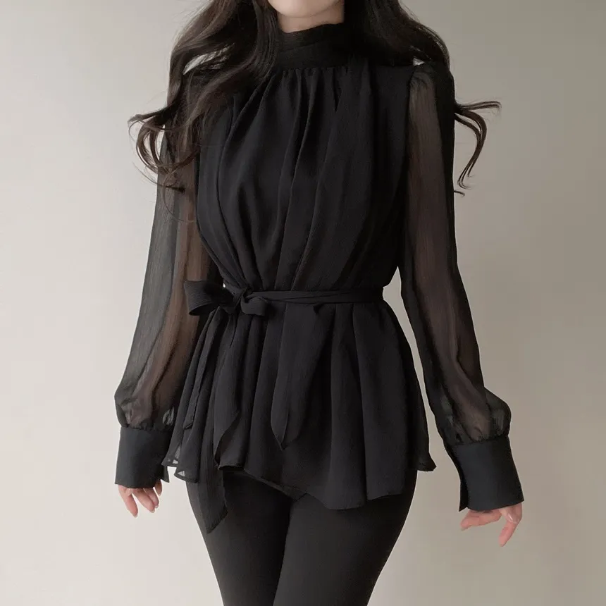 ストラップ付ハイネックスカーフネックシャーリングブラウス | mirangmirang | 詳細画像15