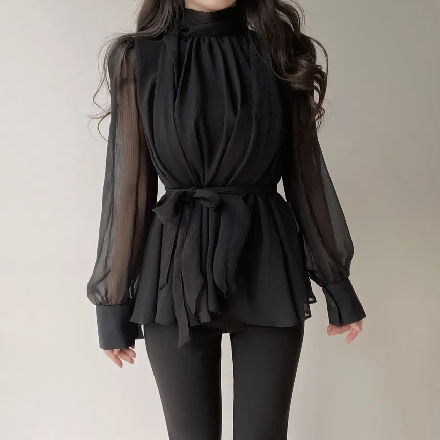 ストラップ付ハイネックスカーフネックシャーリングブラウス | mirangmirang | 詳細画像16