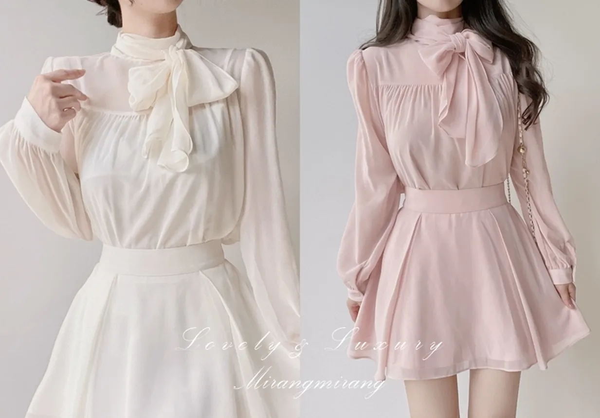 シースルースカーフネックシャーリングブラウスアンサンブル | mirangmirang | 詳細画像1