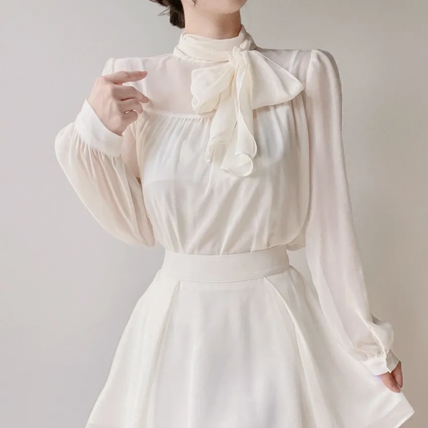 シースルースカーフネックシャーリングブラウスアンサンブル | mirangmirang | 詳細画像2