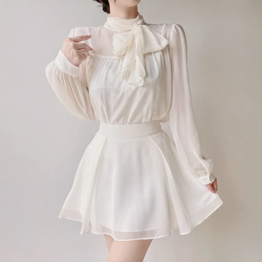 シースルースカーフネックシャーリングブラウスアンサンブル | mirangmirang | 詳細画像5