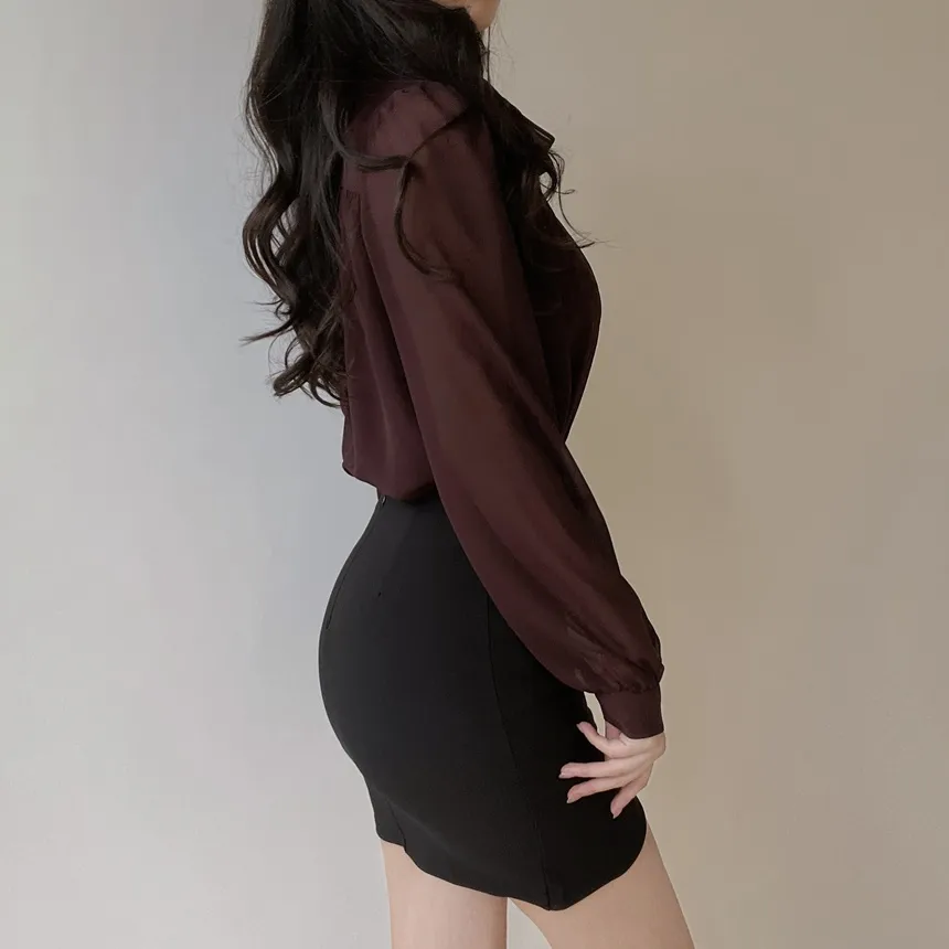 シースルースカーフネックシャーリングブラウスアンサンブル | mirangmirang | 詳細画像14