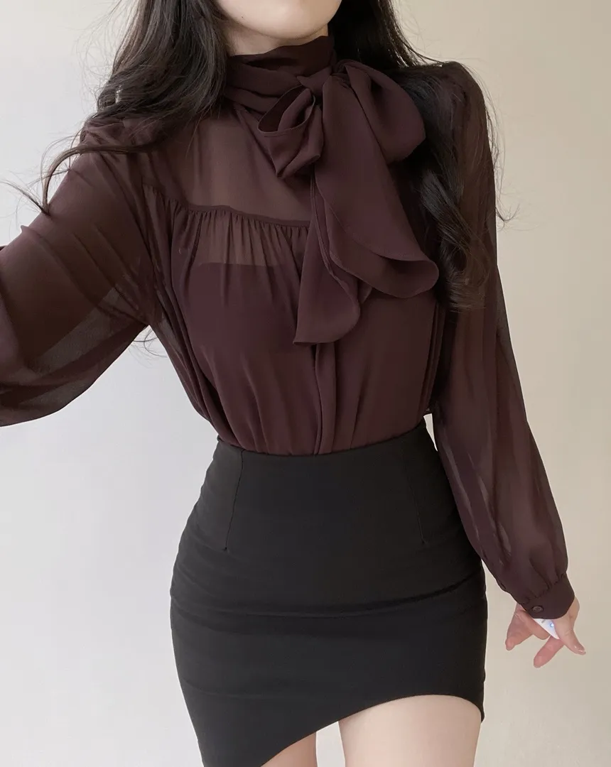 シースルースカーフネックシャーリングブラウスアンサンブル | mirangmirang | 詳細画像17