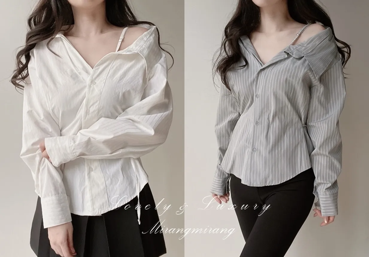 バックリボンカラースリムストライプブラウス | mirangmirang | 詳細画像1