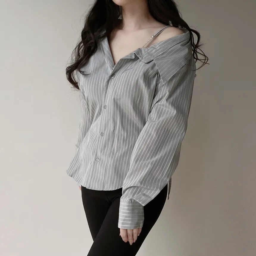 バックリボンカラースリムストライプブラウス | mirangmirang | 詳細画像12