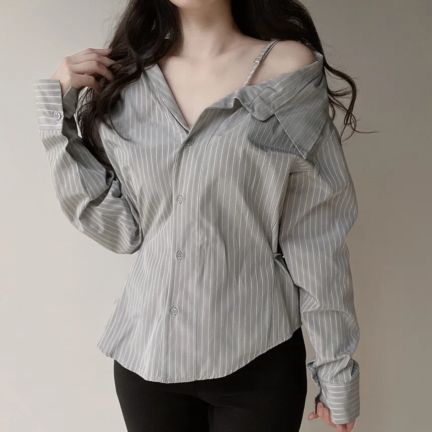 バックリボンカラースリムストライプブラウス | mirangmirang | 詳細画像13