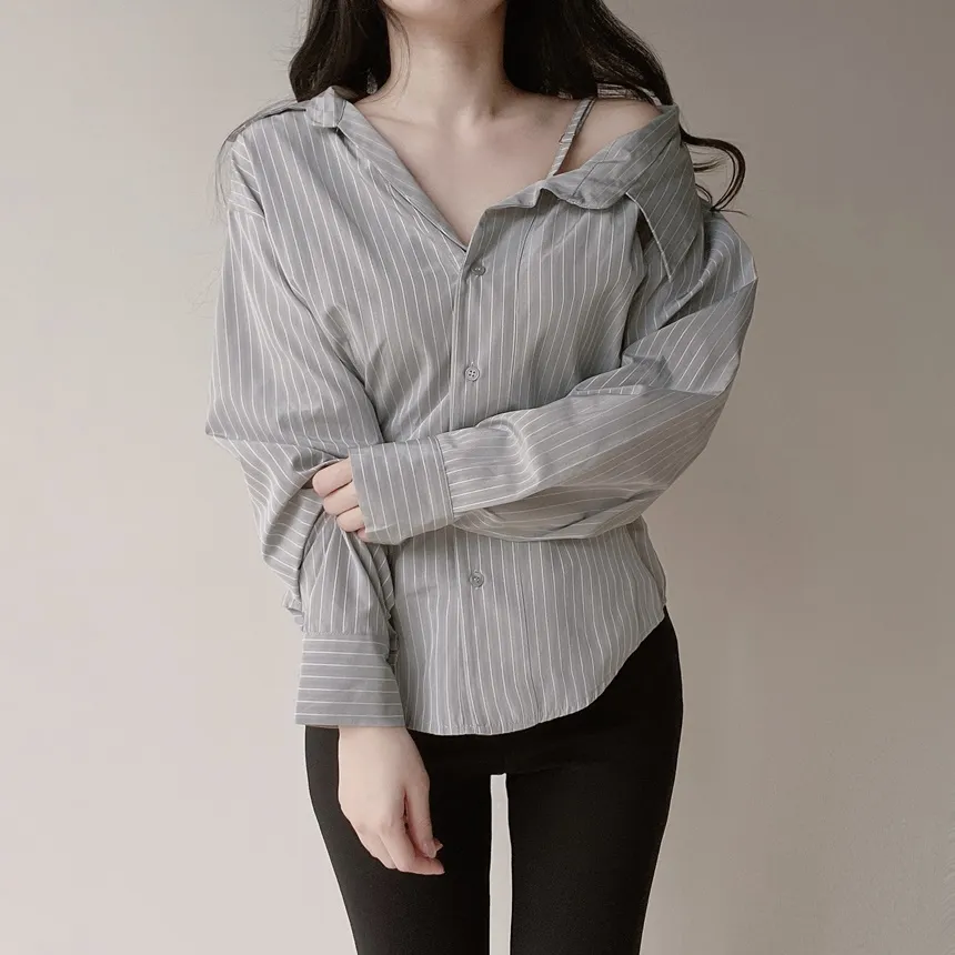 バックリボンカラースリムストライプブラウス | mirangmirang | 詳細画像14