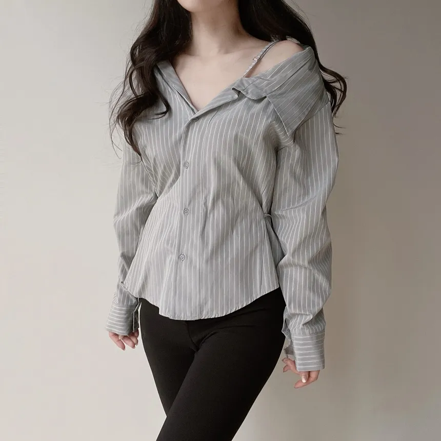 バックリボンカラースリムストライプブラウス | mirangmirang | 詳細画像15