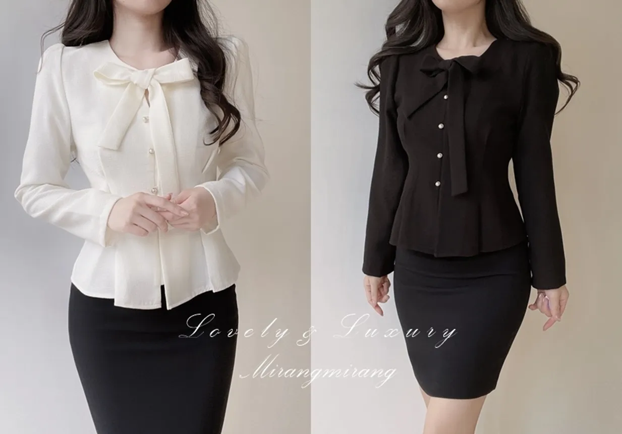 ツイードパール調ボタンリボンブラウス | mirangmirang | 詳細画像1