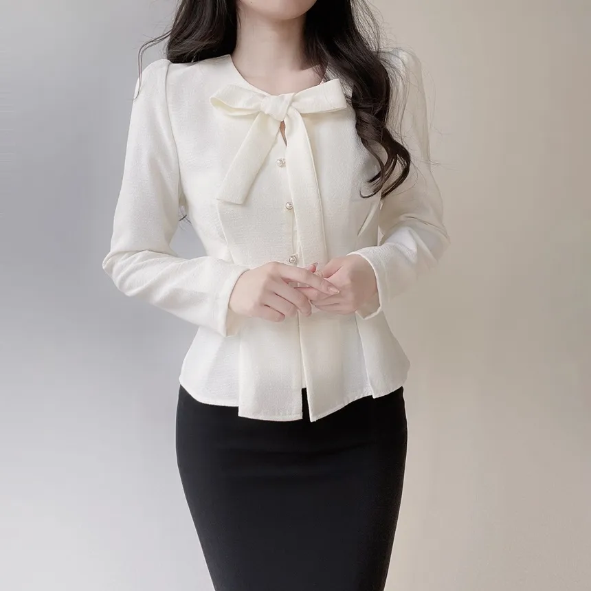 ツイードパール調ボタンリボンブラウス | mirangmirang | 詳細画像2