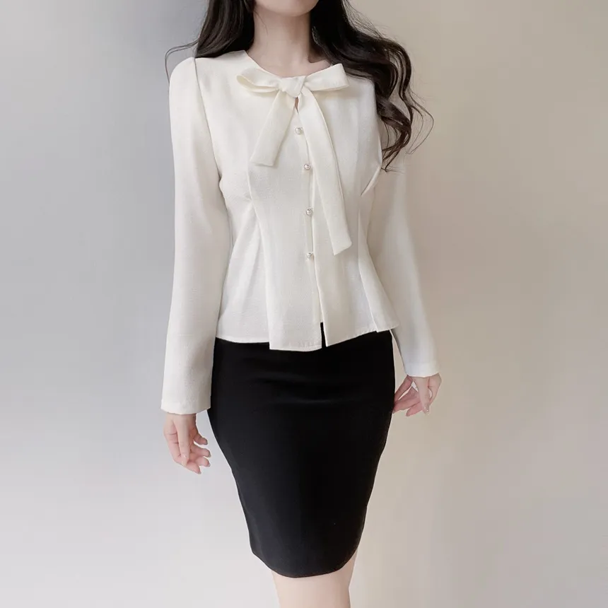 ツイードパール調ボタンリボンブラウス | mirangmirang | 詳細画像3