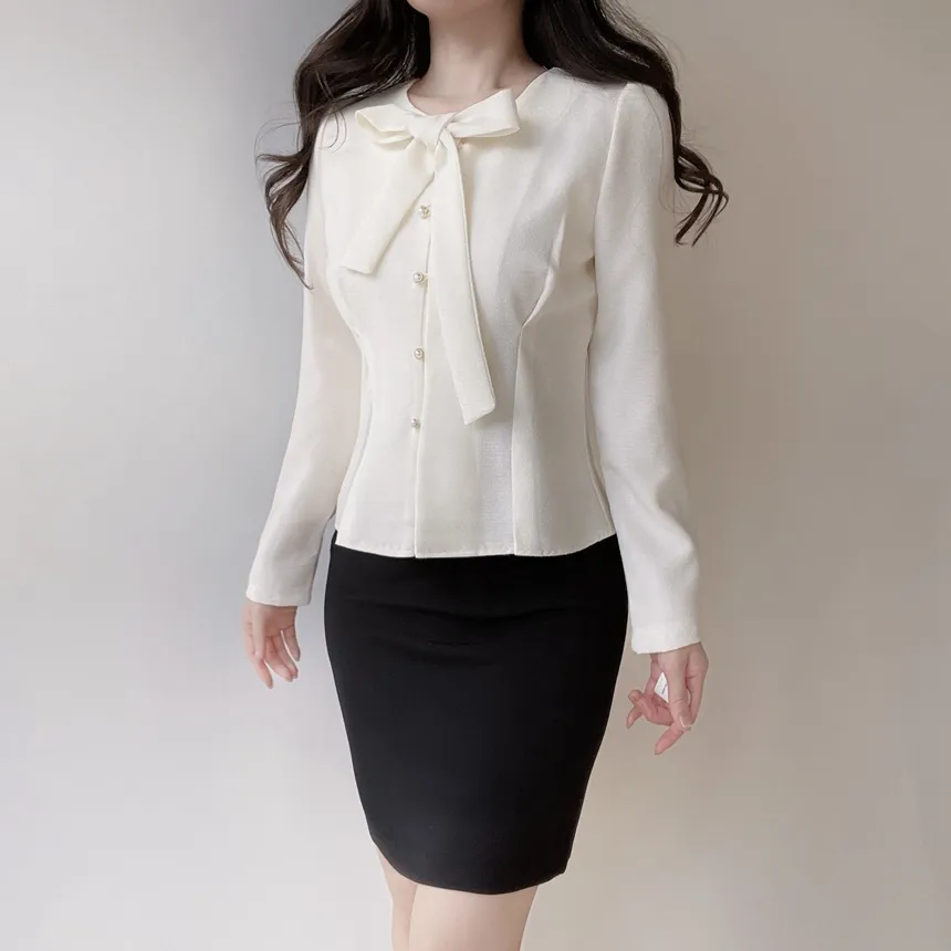 ツイードパール調ボタンリボンブラウス | mirangmirang | 詳細画像5