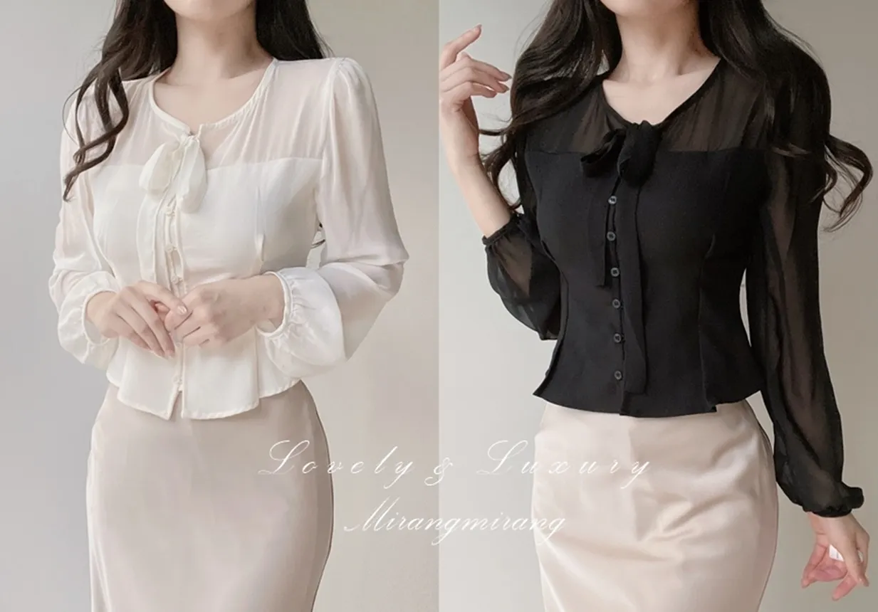 ラウンドネックボタンリボンブラウス | mirangmirang | 詳細画像1