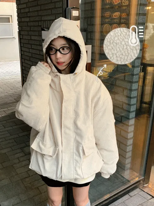 ボアリブコーデュロイキルト風ボタンジップアップフードドローコードフラップポケットアウトポケットジャンパー | banincci | 詳細画像1