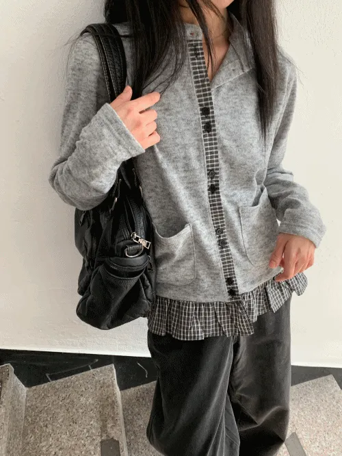ソフトニット長袖レイヤード風スリムボタンフリルチェックカーディガン | banincci | 詳細画像1
