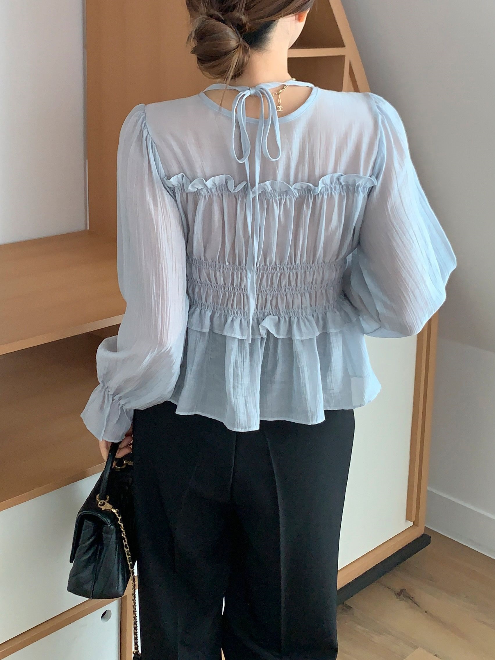 シースルーシャーリングフリルペプラムブラウス | 詳細画像4