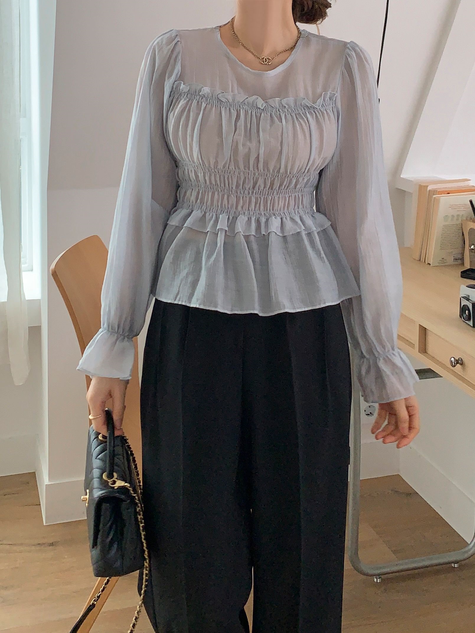 シースルーシャーリングフリルペプラムブラウス | 詳細画像5