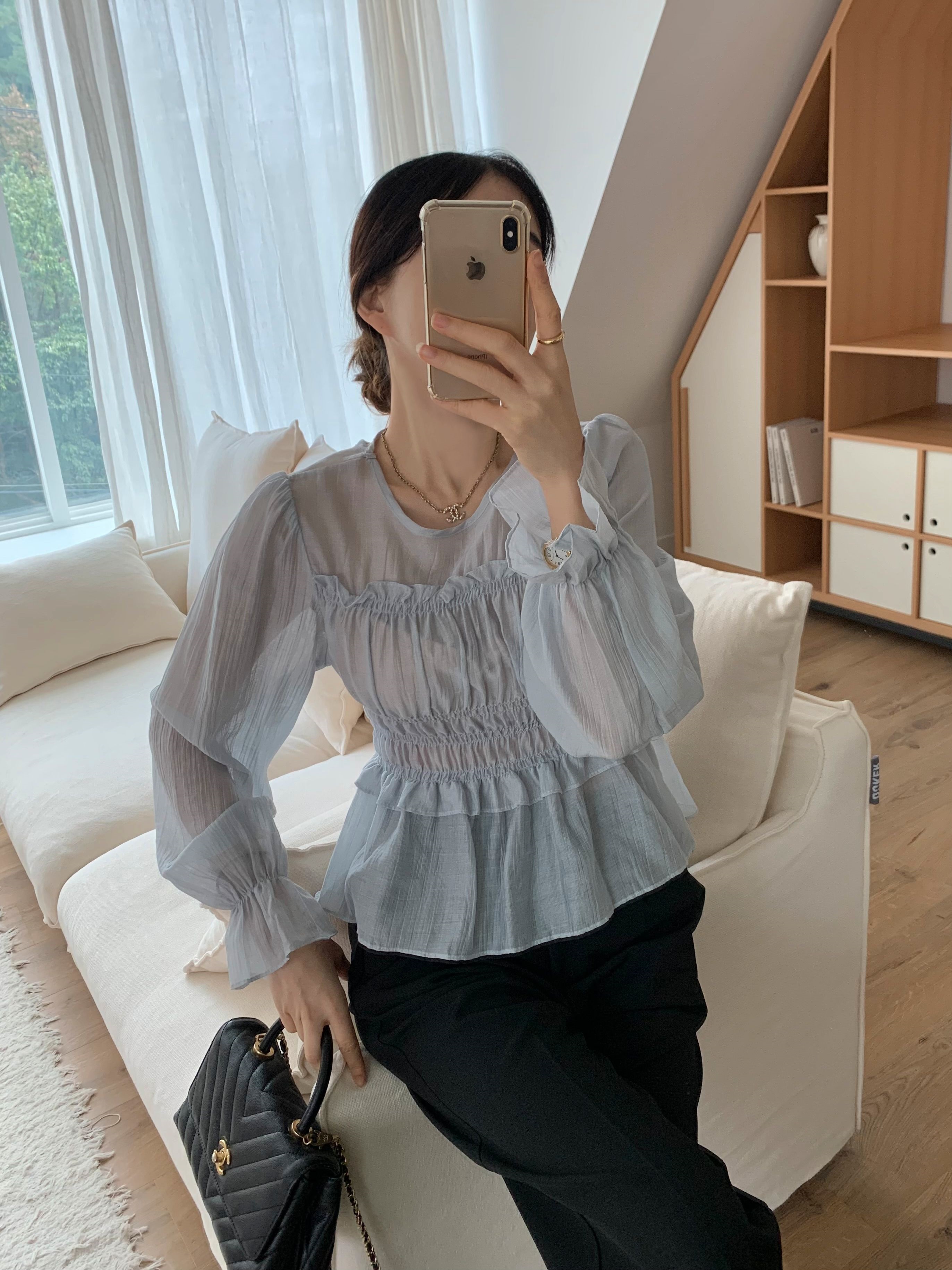 シースルーシャーリングフリルペプラムブラウス | 詳細画像7