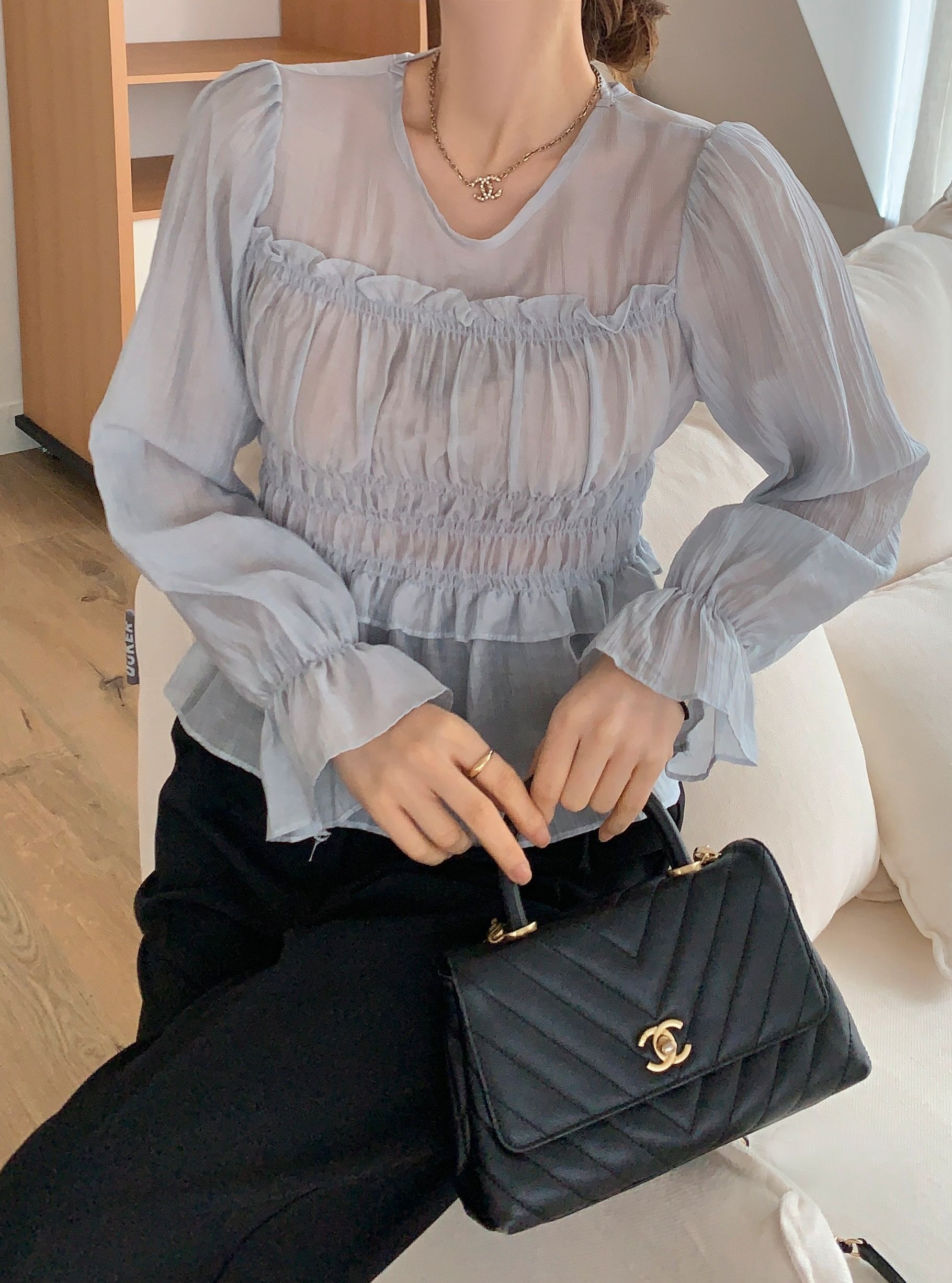 シースルーシャーリングフリルペプラムブラウス | 詳細画像8