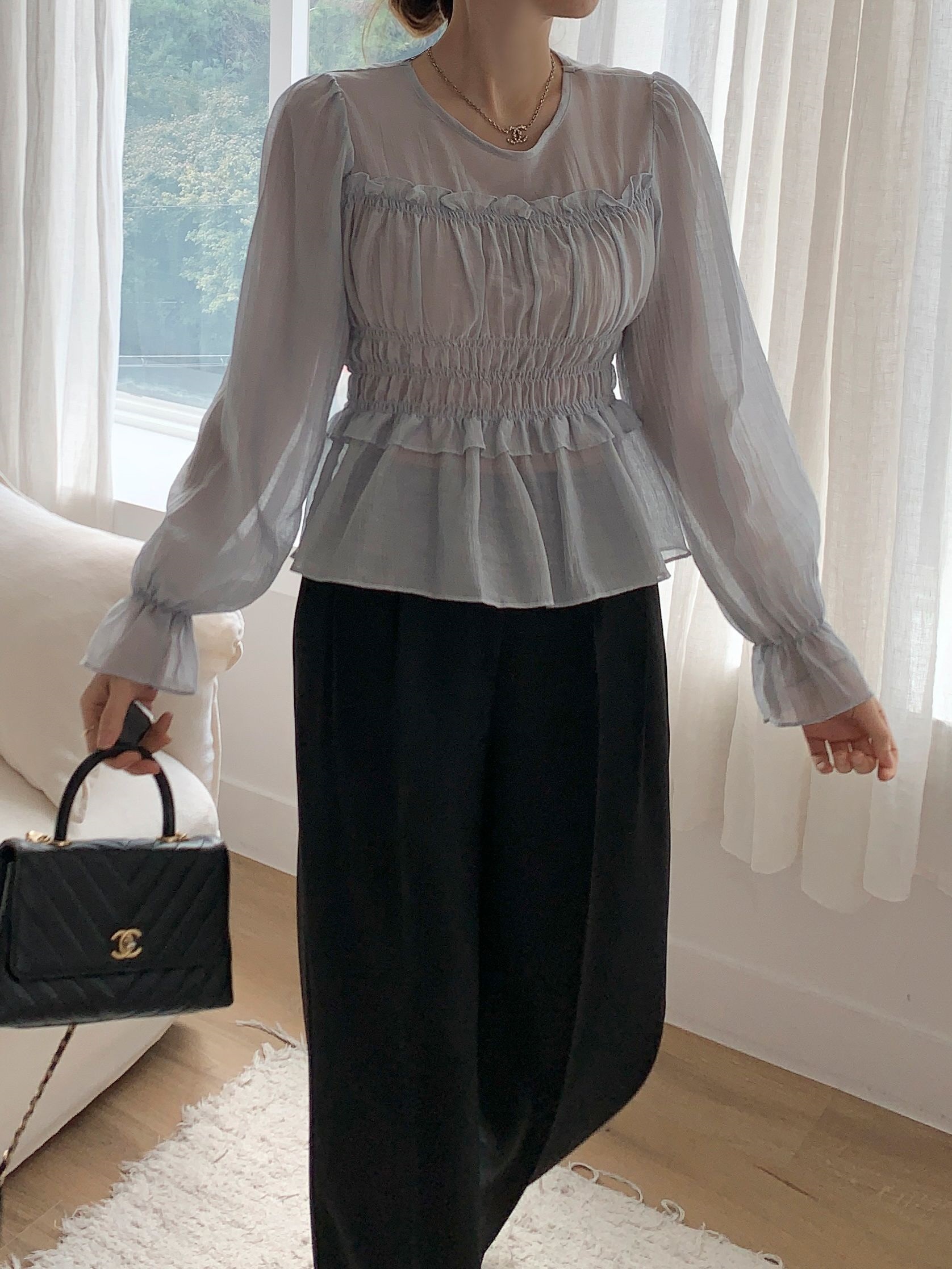 シースルーシャーリングフリルペプラムブラウス | 詳細画像9