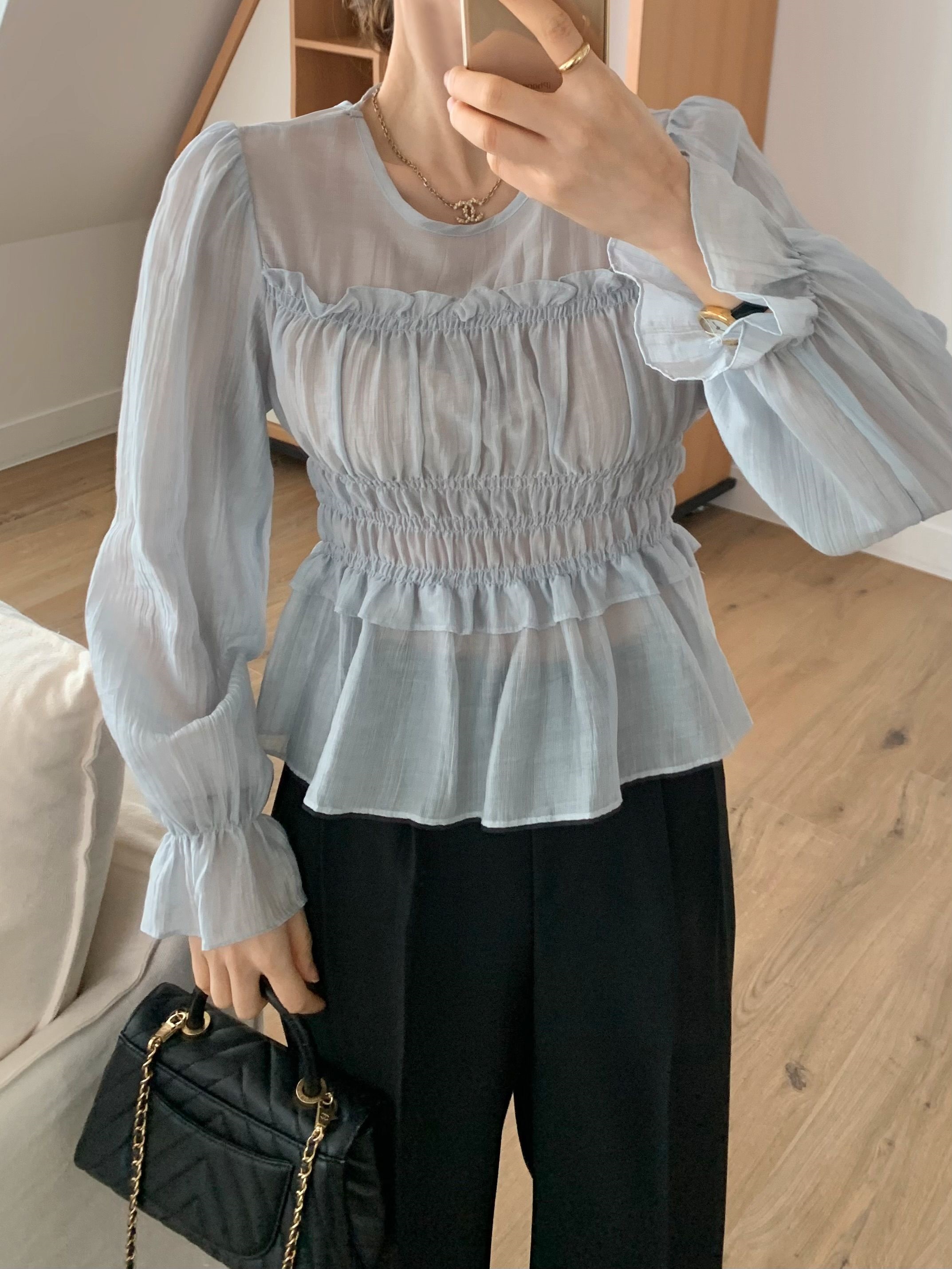 シースルーシャーリングフリルペプラムブラウス | 詳細画像10