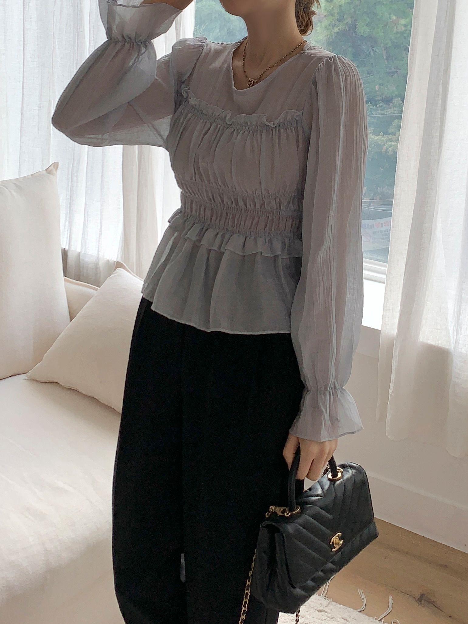 シースルーシャーリングフリルペプラムブラウス | 詳細画像11