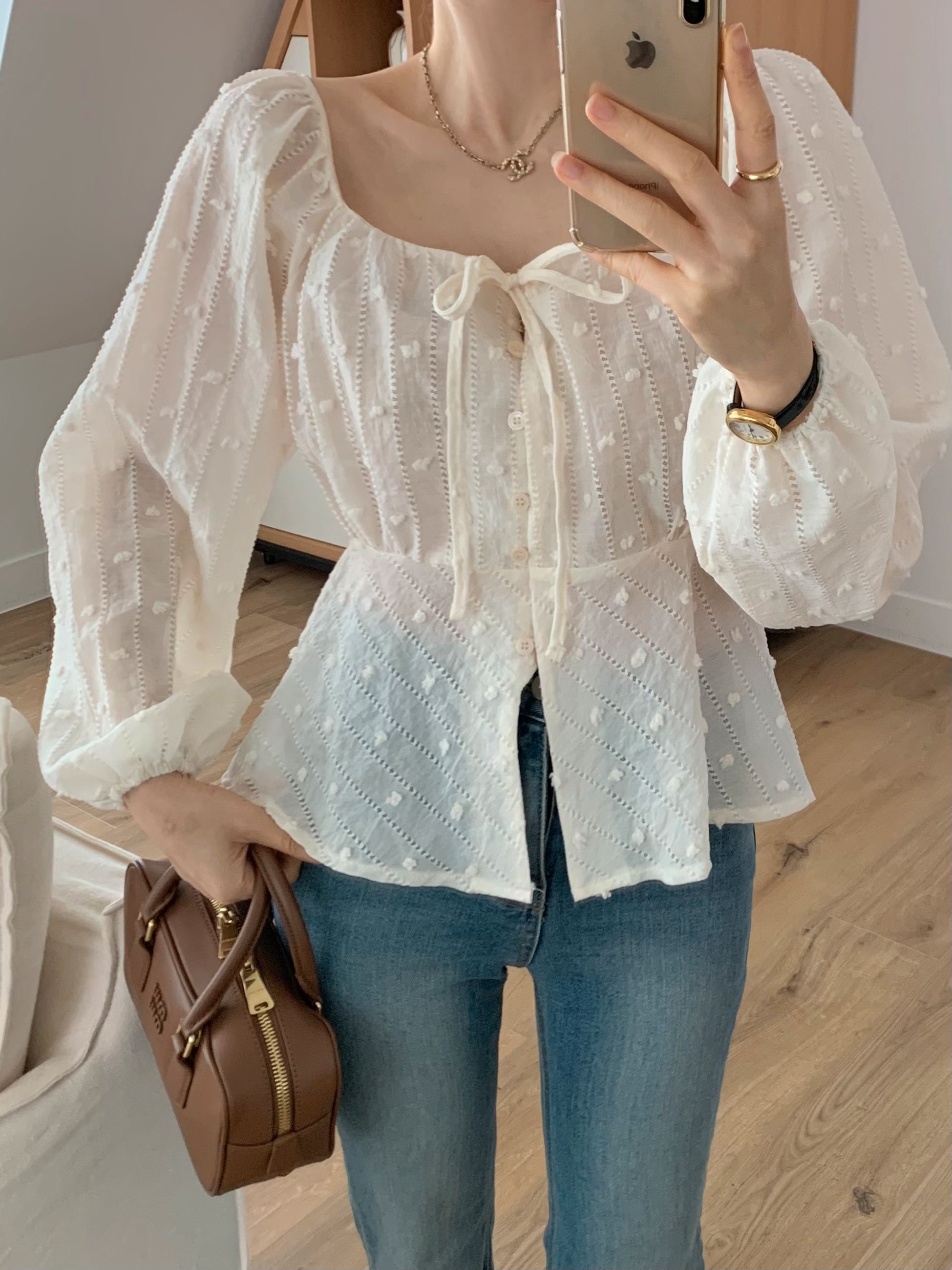 シースルーパンチングリボンスクエアネックバルーンブラウス | 詳細画像5