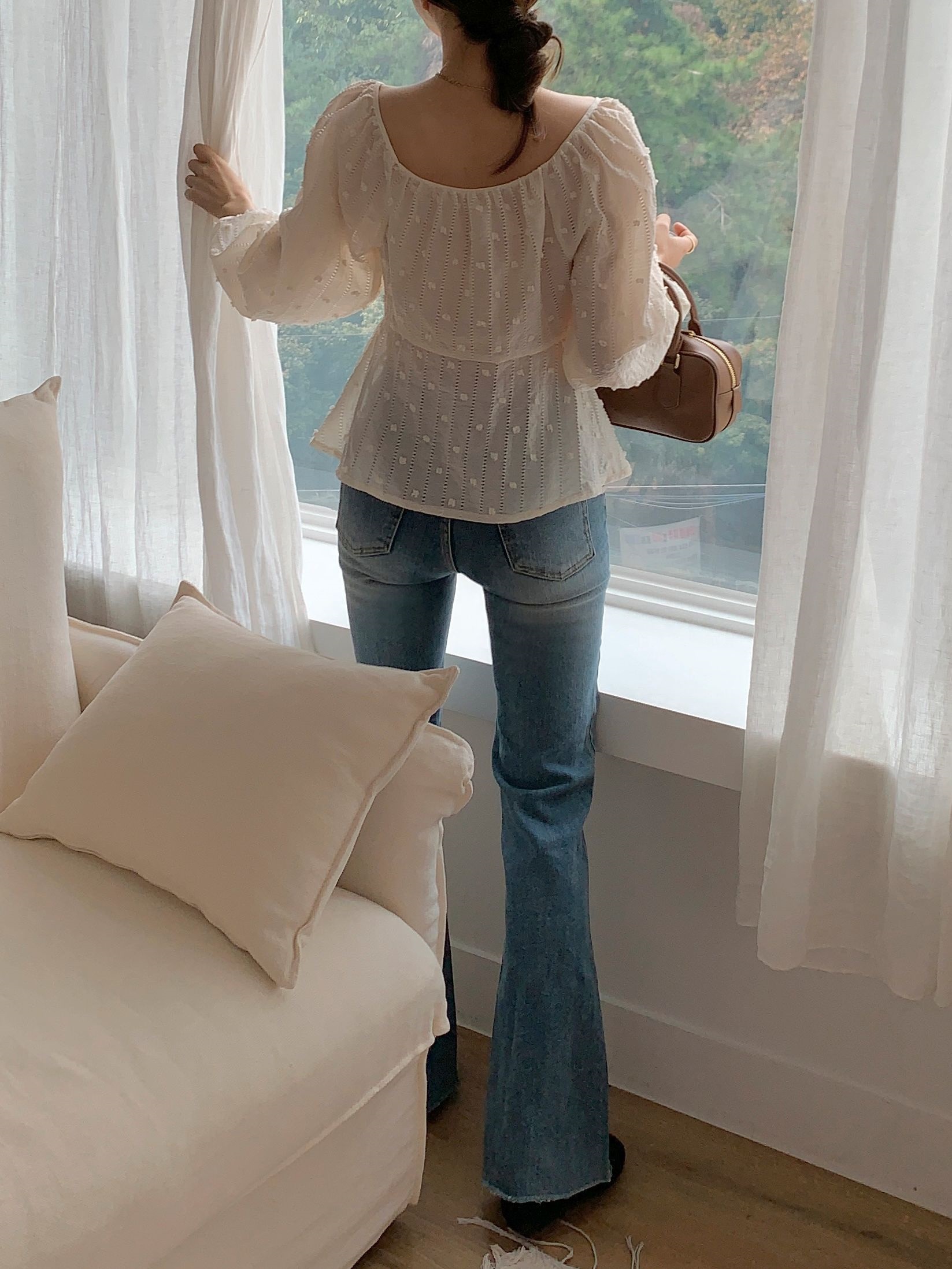 シースルーパンチングリボンスクエアネックバルーンブラウス | 詳細画像6