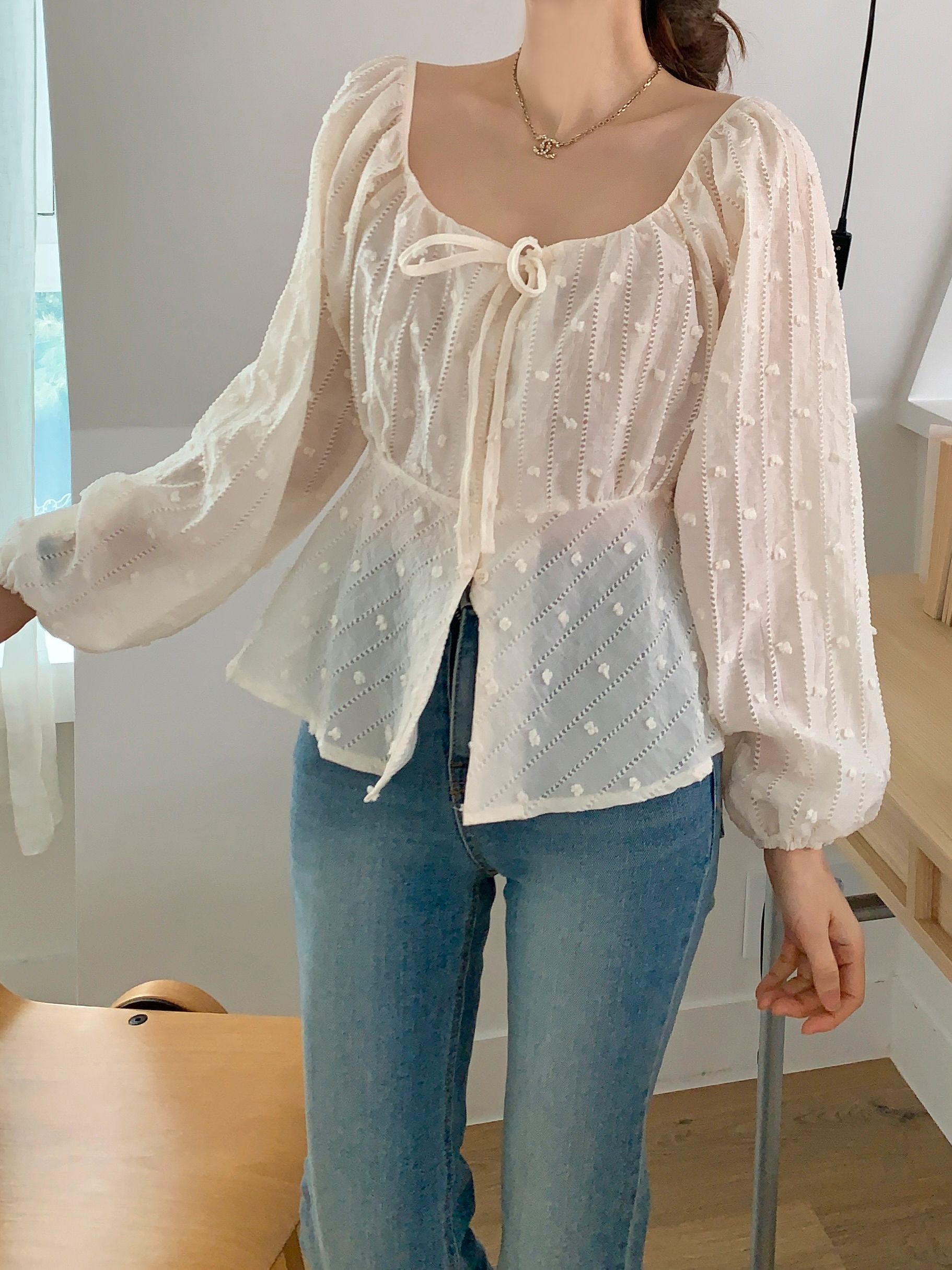 シースルーパンチングリボンスクエアネックバルーンブラウス | 詳細画像7