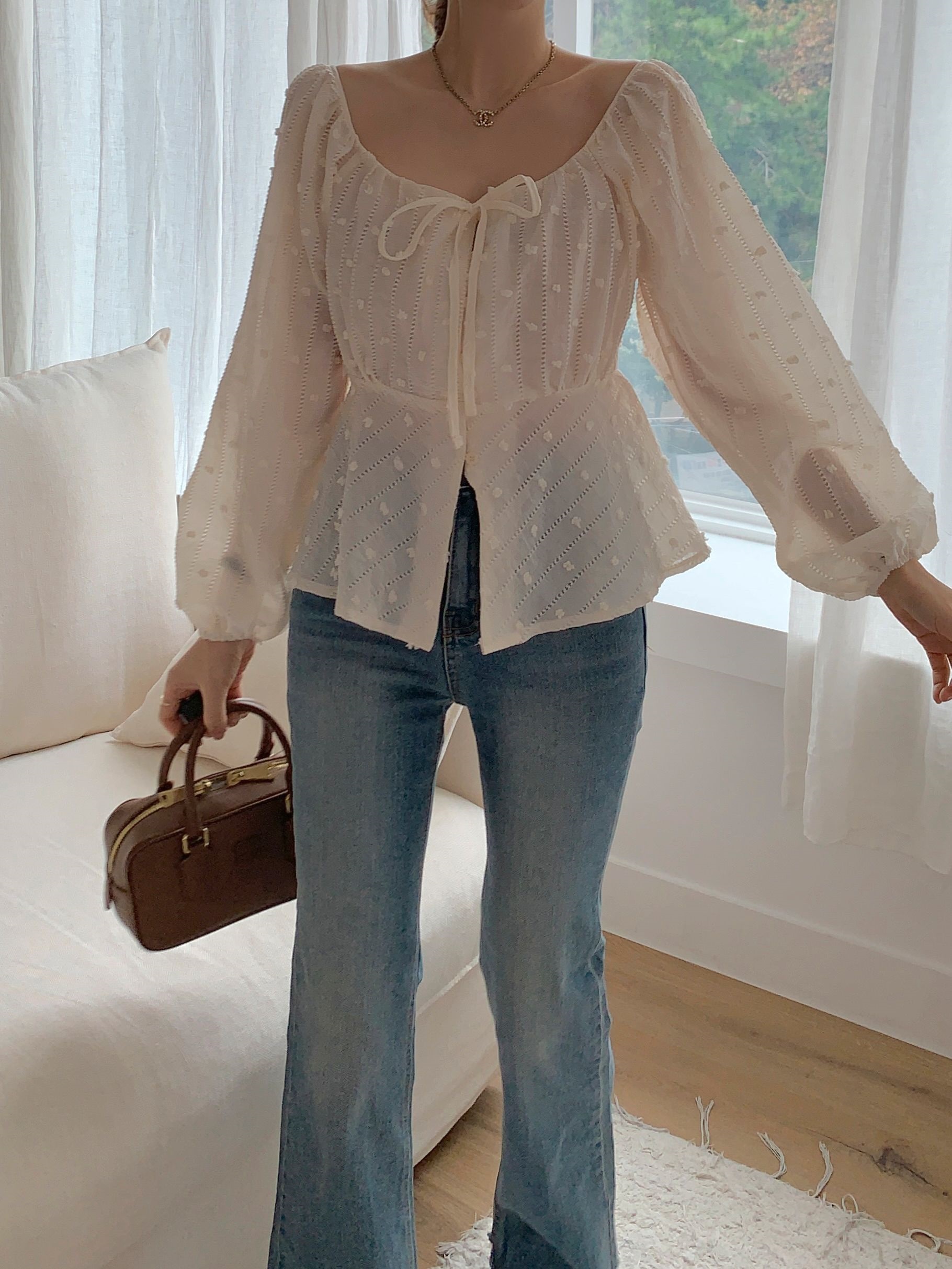 シースルーパンチングリボンスクエアネックバルーンブラウス | 詳細画像12