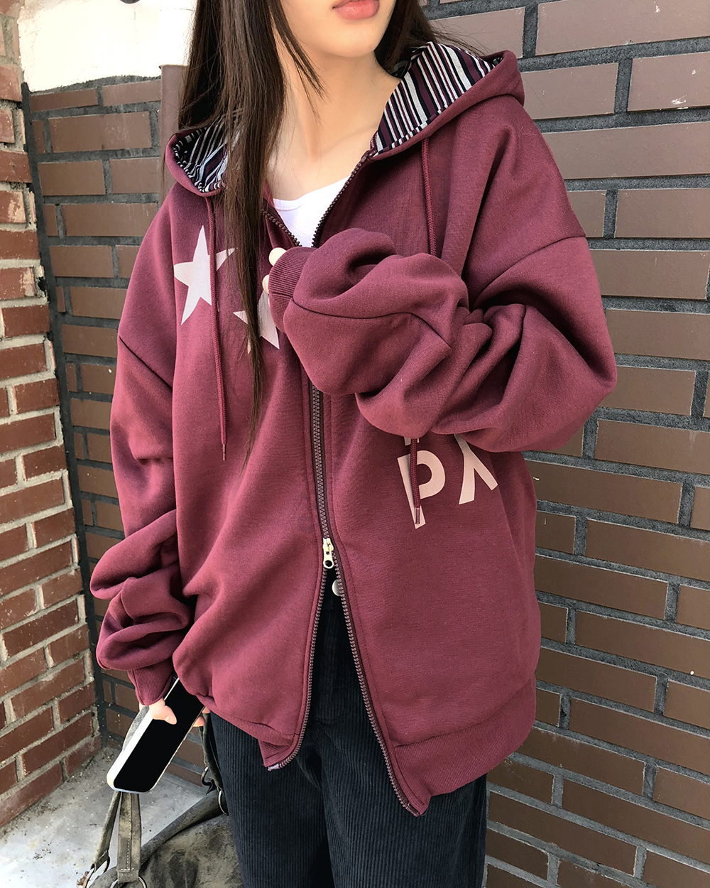 オーバーサイズダブルジッププリントストライプ配色ジップパーカー