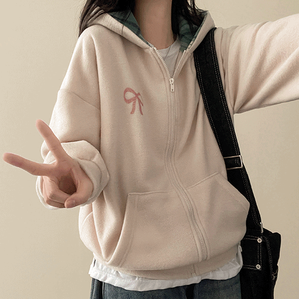 両起毛オーバーサイズ刺繍チェック配色ジップパーカー | レディース