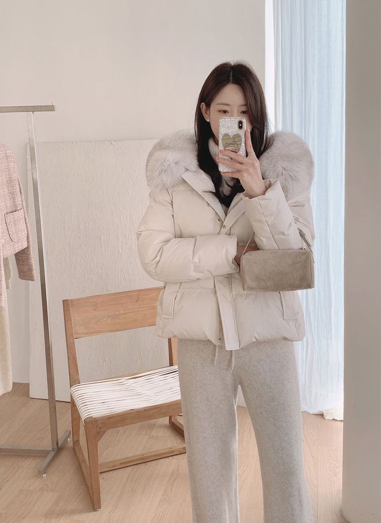 ダックダウンフォックスファーショート長袖ダウンジャケットファー