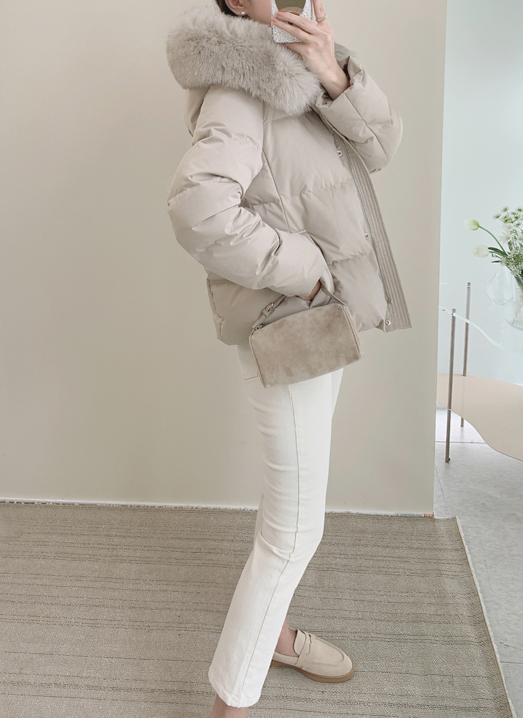 ダックダウンフォックスファーショート長袖ダウンジャケットファー