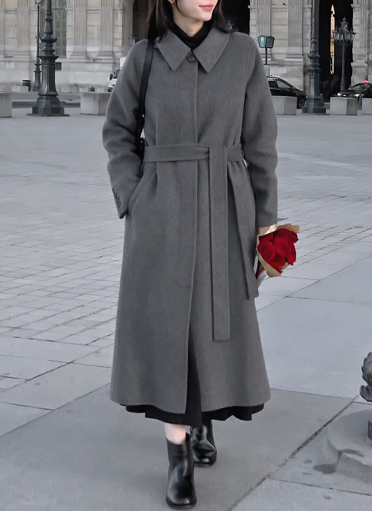 ベルト付ウール混長袖カラーボタンルーズボクシーロングコート