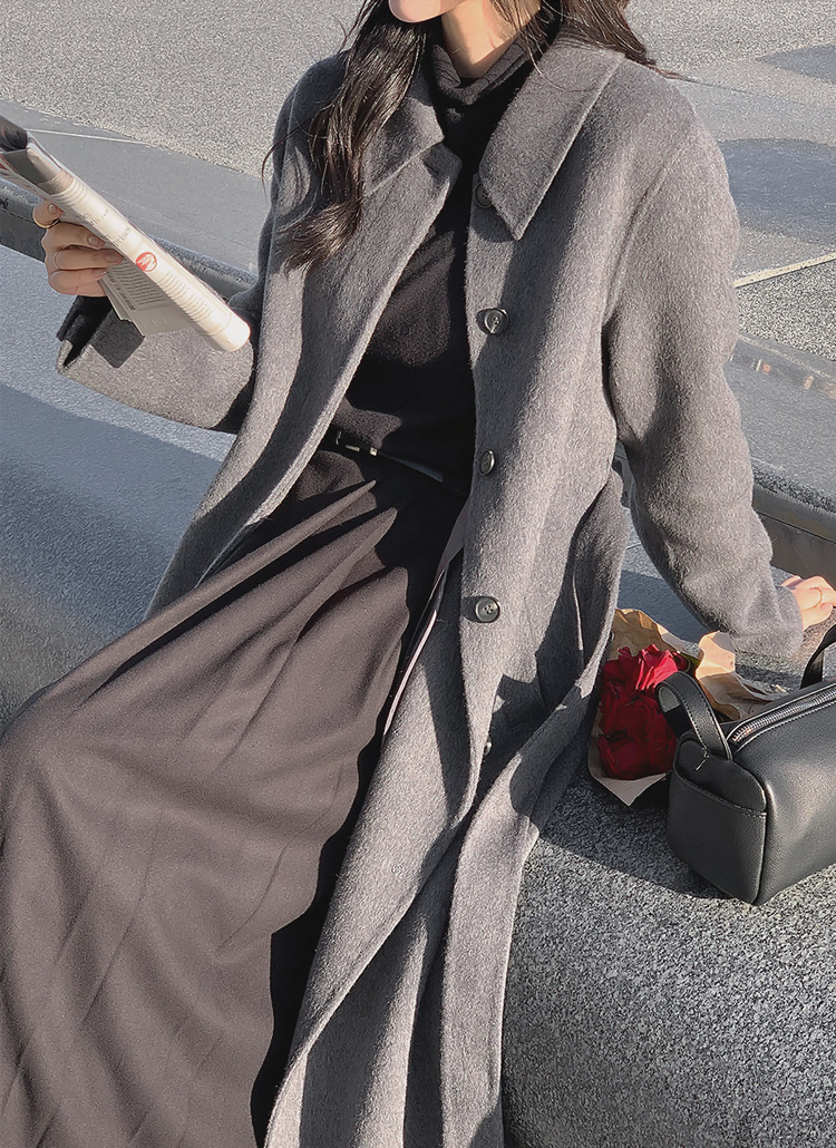 ベルト付ウール混長袖カラーボタンルーズボクシーロングコート