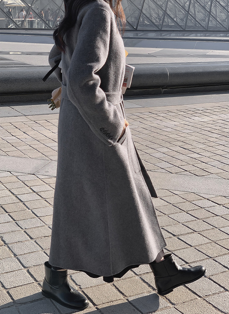 ベルト付ウール混長袖カラーボタンルーズボクシーロングコート