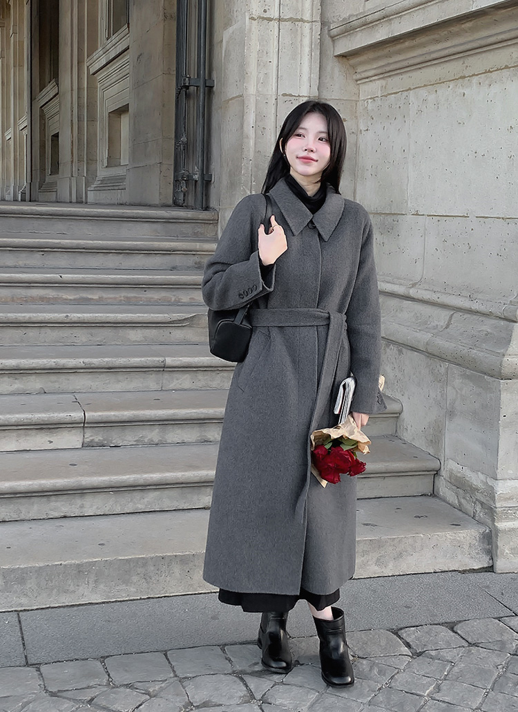 ベルト付ウール混長袖カラーボタンルーズボクシーロングコート