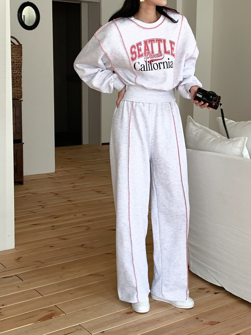 起毛裏地ラウンドネックウエストゴム長袖ワイドロゴセットアップパンツスウェット | 詳細画像7