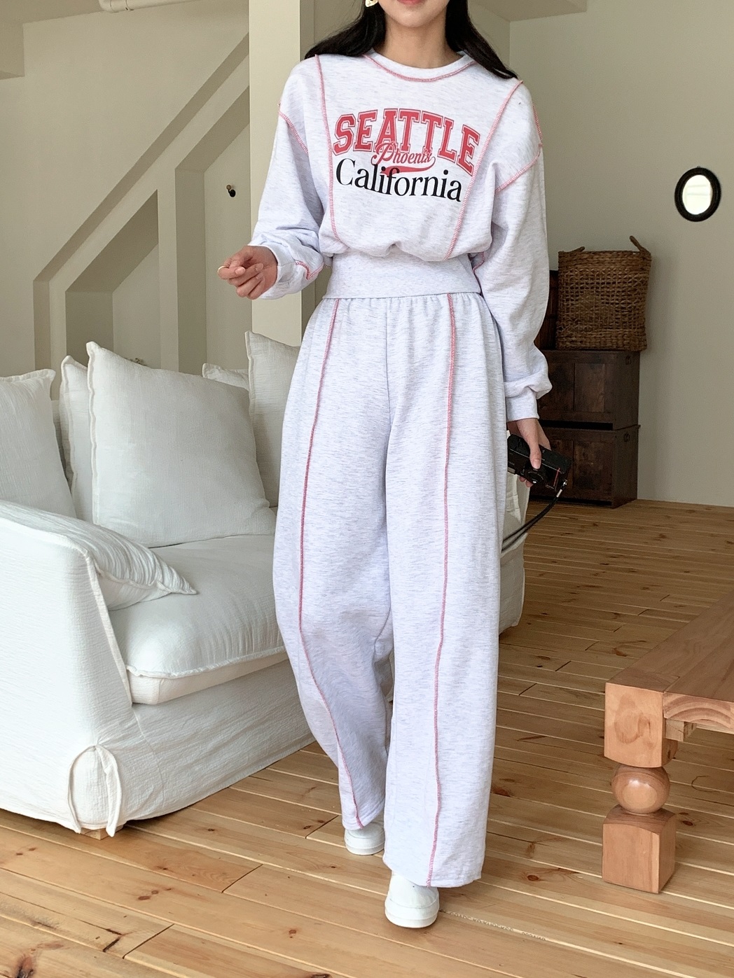 起毛裏地ラウンドネックウエストゴム長袖ワイドロゴセットアップパンツスウェット | 詳細画像6