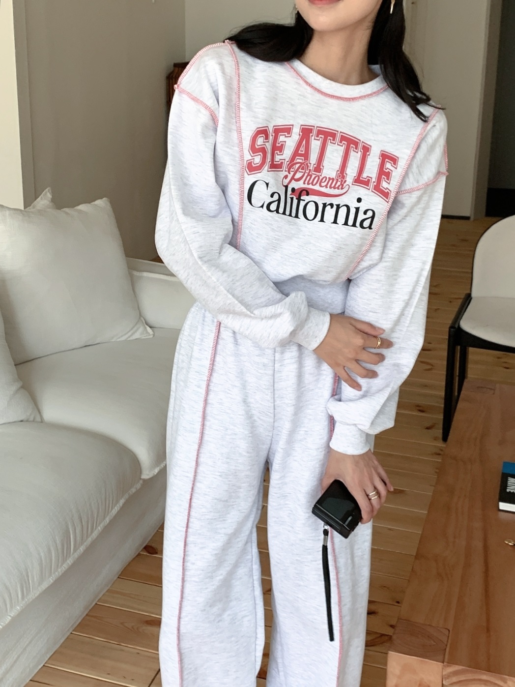 起毛裏地ラウンドネックウエストゴム長袖ワイドロゴセットアップパンツスウェット | 詳細画像8