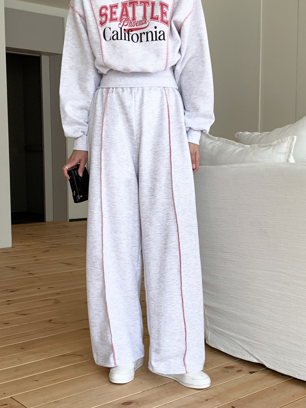 起毛裏地ラウンドネックウエストゴム長袖ワイドロゴセットアップパンツスウェット | 詳細画像15