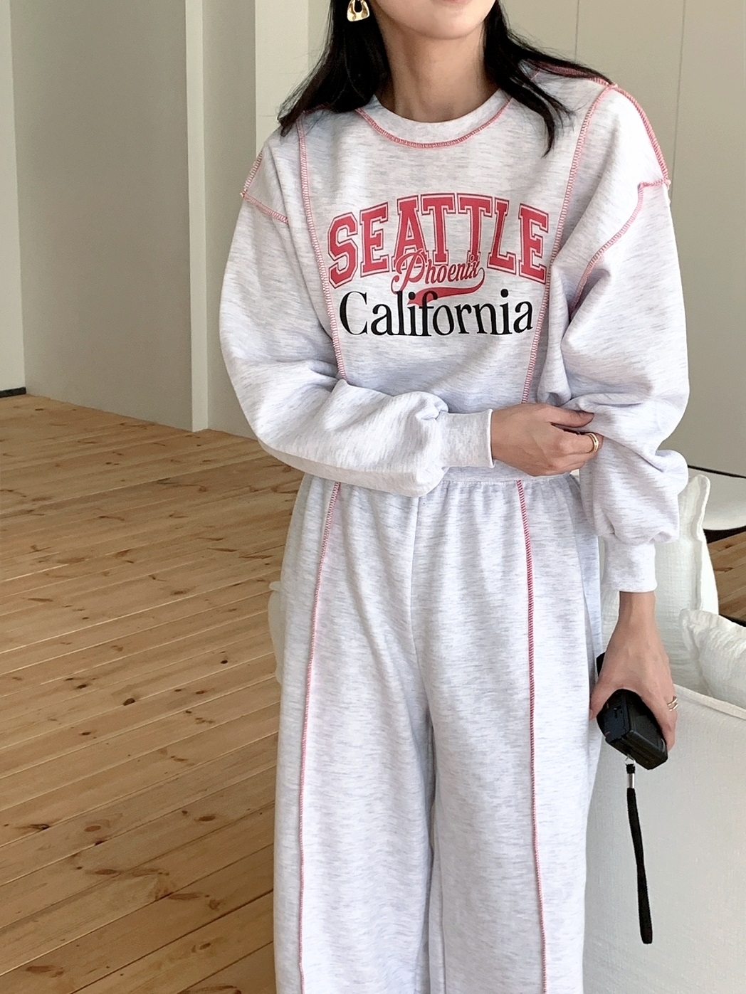 起毛裏地ラウンドネックウエストゴム長袖ワイドロゴセットアップパンツスウェット | 詳細画像2