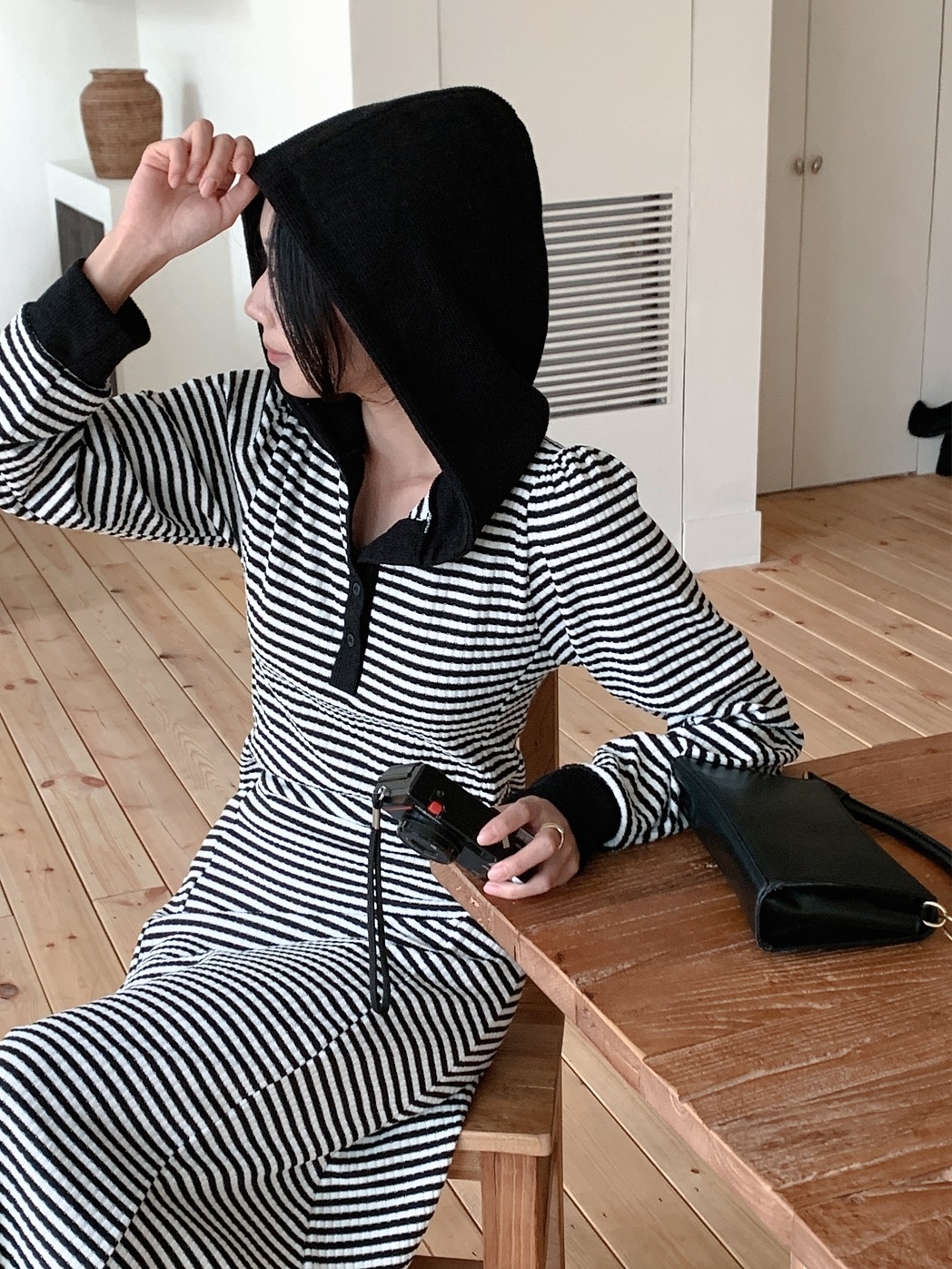 ニットフードスリムロングボーダー配色ワンピース | 詳細画像15